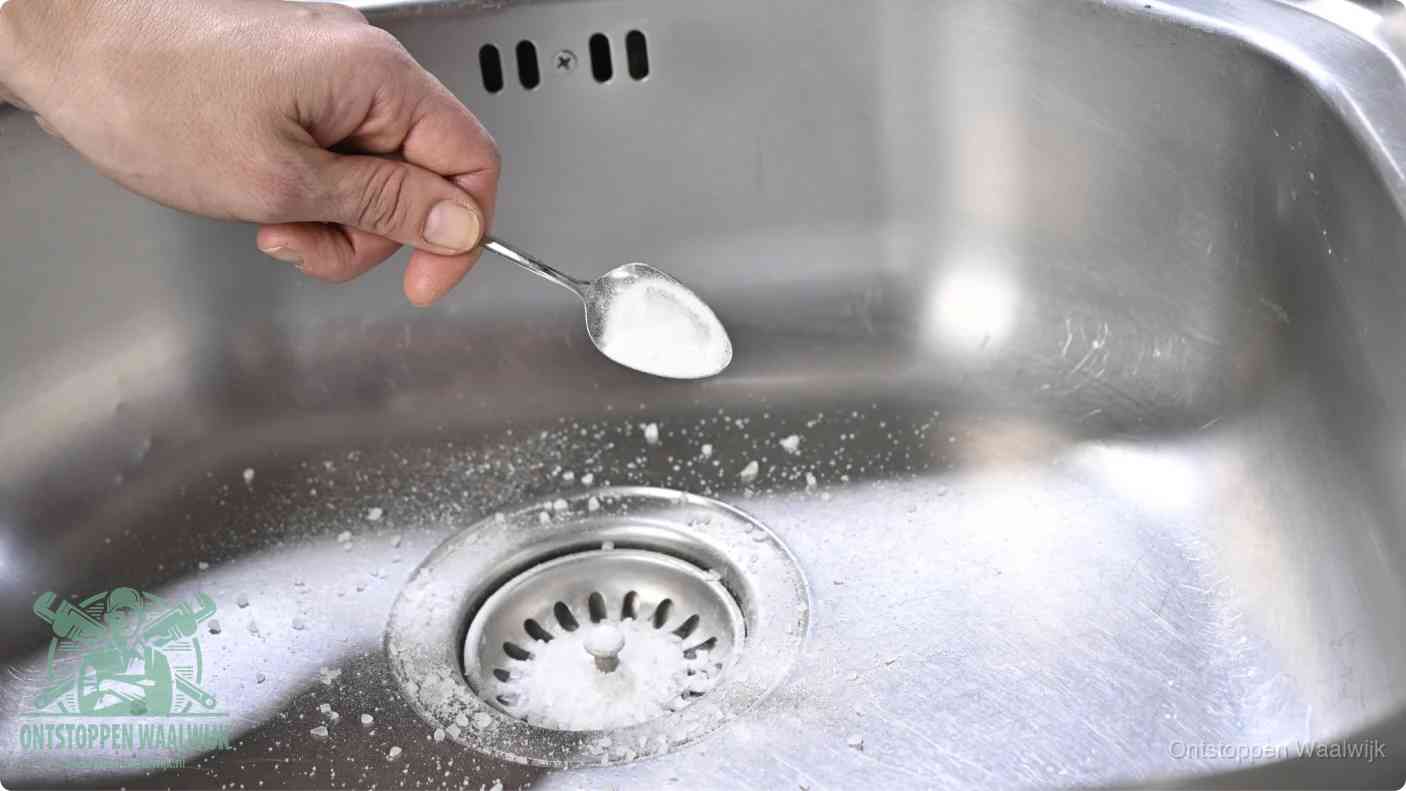 Een hand strooit met een lepel soda in de afvoer van een roestvrijstalen spoelbak, de soda en azijn huismiddel-methode om de afvoer te ontstoppen in Waalwijk