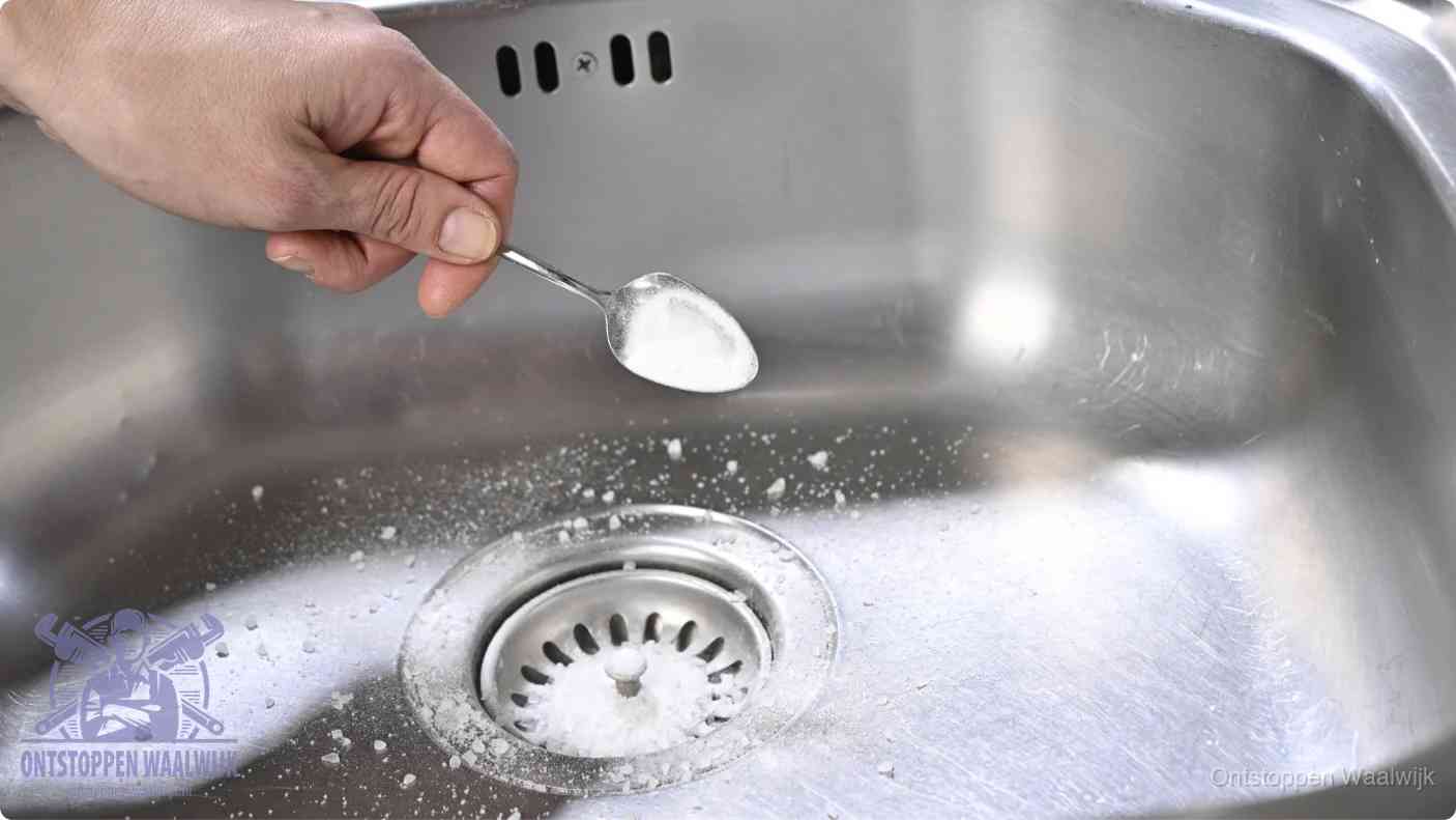 Een hand strooit met een lepel soda in het afvoerputje van een rvs spoelbak, de soda en azijn huismiddel-methode in Waalwijk