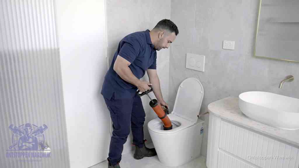 Een monteur buigt over een wandcloset en duwt met de hand een persluchtontstopper in de toiletpot om de verstopping handmatig los te maken in Waalwijk