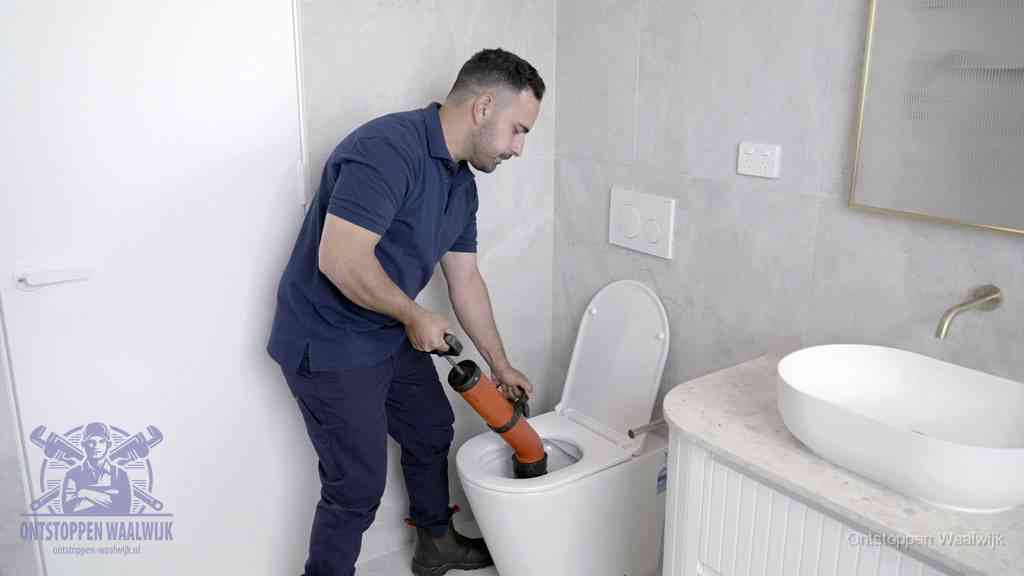 Een monteur gebruikt een handmatige perspomp (toiletontstopper) op een wandcloset tijdens het professioneel wc ontstoppen in Waalwijk