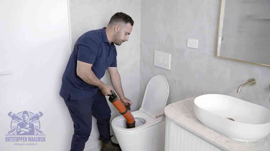 Een man gebruikt een handmatige luchtdruk-ontstopper in een modern betegeld toilet om zelf de wc te ontstoppen in Waalwijk